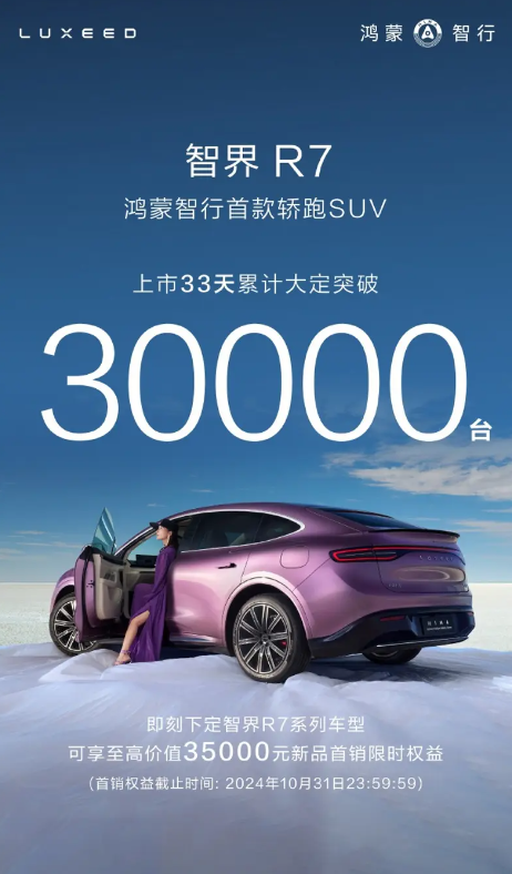 特斯拉Model Y迎來最強(qiáng)對(duì)手！智界R7上市33天大定超3萬臺(tái)