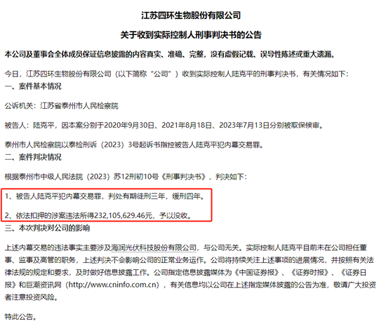 四環(huán)生物實控人陸克平犯內幕交易罪，被判處有期徒刑三年緩刑四年、沒收違法所得2.32億元