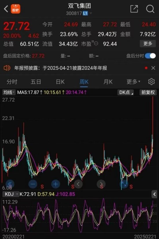 連續(xù)兩個(gè)“20cm漲?！?！雙飛集團(tuán)股價(jià)創(chuàng)歷史新高，1.35萬股民嗨了