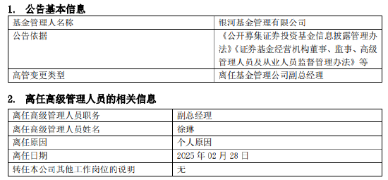 任職4年4月！銀河基金高管變更：副總經(jīng)理徐琳離任
