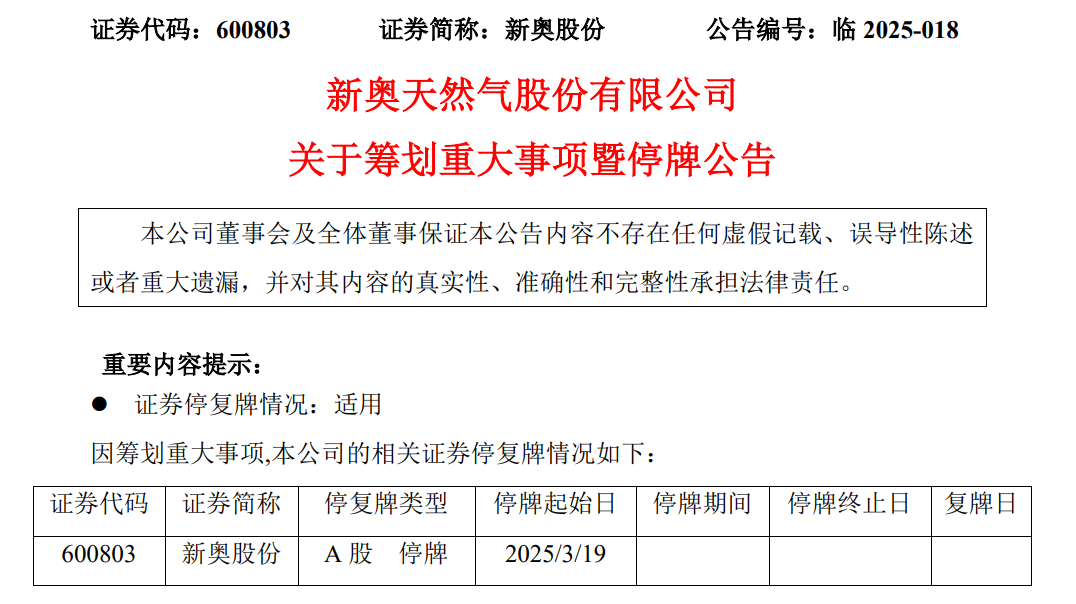 新奧股份：擬籌劃重大資產重組事項 股票自今日起停牌
