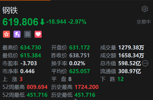 恒生科技指數(shù)、國企指數(shù)跌幅擴大至3%，鋼鐵股集體下挫